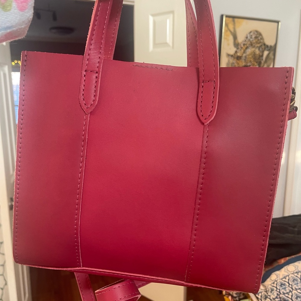 Portland Leather Crimson Red Crossbody Tote with Front Pocket - Picture 2 of 3